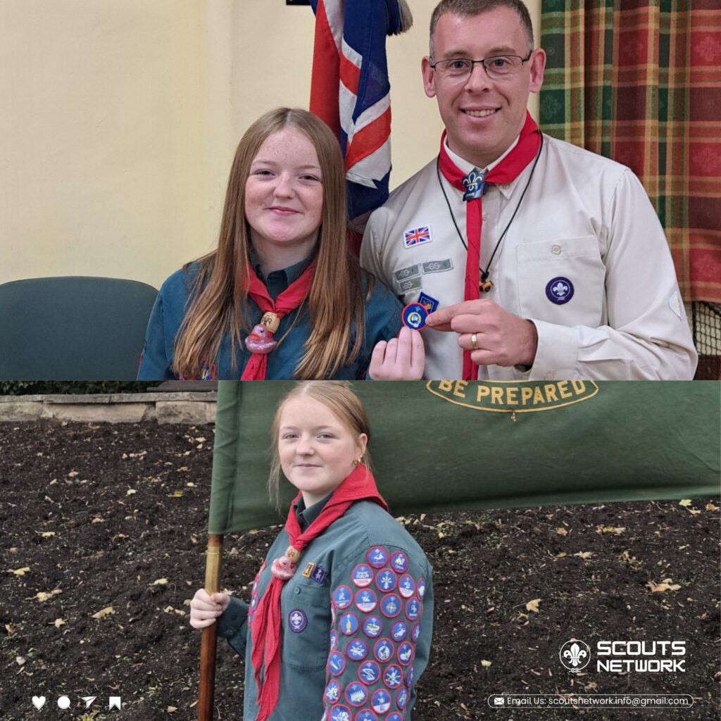Sienna Chilcott of 4th Ripon Scout Troop in uniform with a full badge sash, shown being presented with a badge and standing with the troop flag