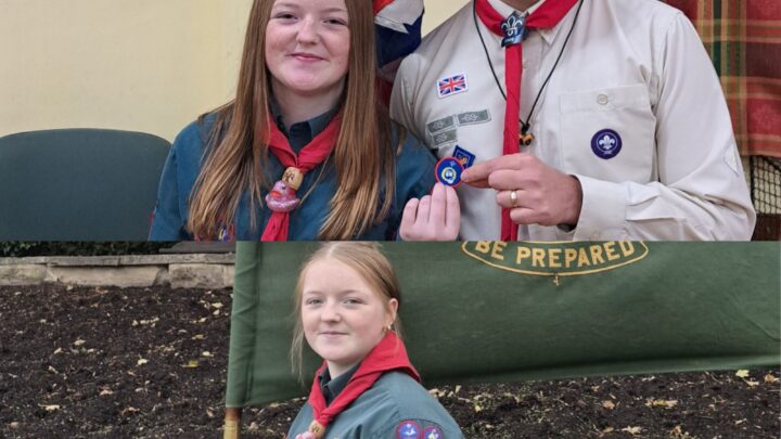 Sienna Chilcott of 4th Ripon Scout Troop in uniform with a full badge sash, shown being presented with a badge and standing with the troop flag